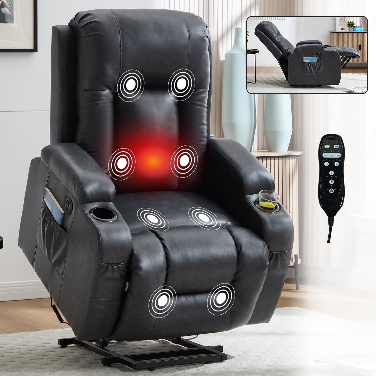 Power Lift Recliner Chair with Massage and Heat,Faux Leather Soft Chair with USB Charging&Cup Holders, Infinite Position Reclining,Heavy Duty 350 LBS Capacity