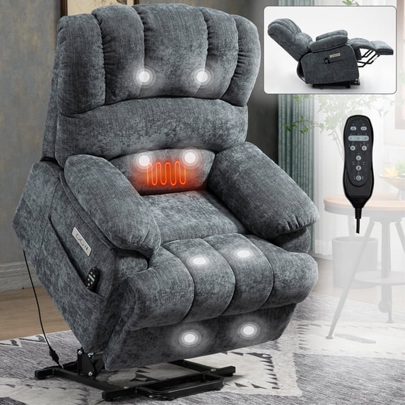 Extra Wide Power Lift Recliner Chair for Elderly, Oversized Chenille Lift Chair with 8-Point Massage & Lumbar Heat, USB Charging Port, Side Pockets, 350 lbs Capacity