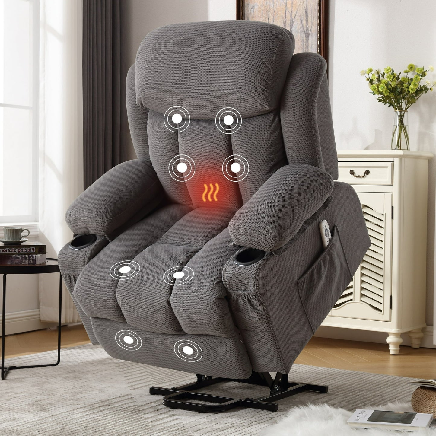Segmart Recliner Chair with Massage and Heat, Ergonomic Overstuffed Breathable Fabric, Reclining Chair with 2 Side Pockets, 2 Cup Holders, Remote Control, Living Room, Bedroom, Brown