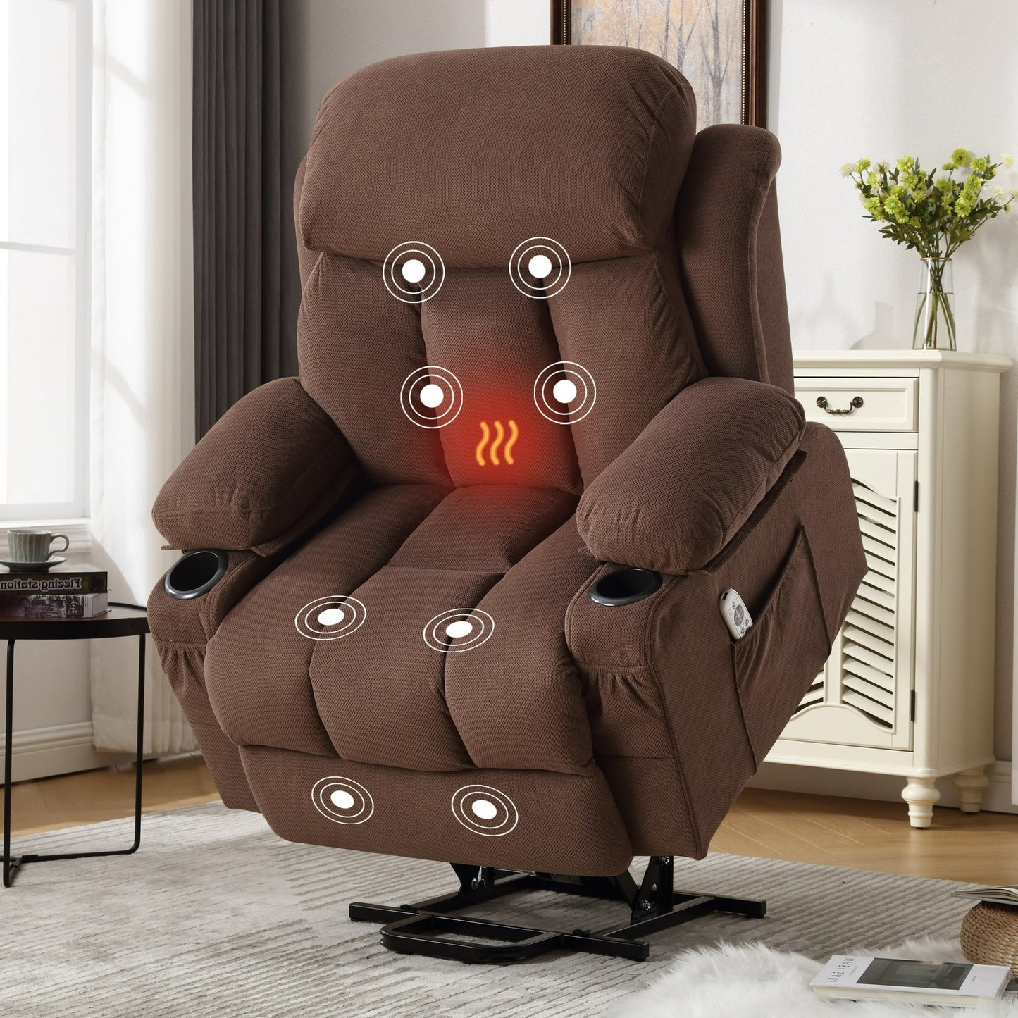 Segmart Recliner Chair with Massage and Heat, Ergonomic Overstuffed Breathable Fabric, Reclining Chair with 2 Side Pockets, 2 Cup Holders, Remote Control, Living Room, Bedroom, Brown