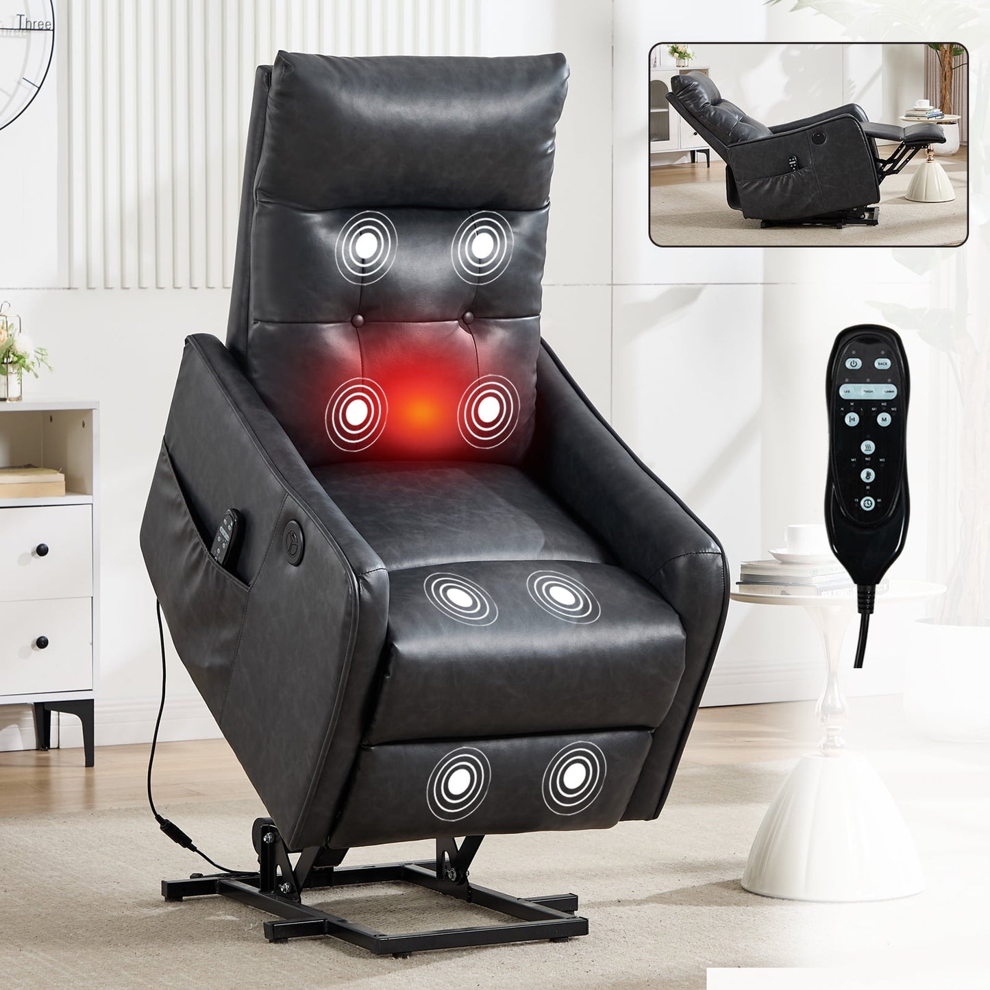 Power Lift Recliner Chair with Massage & Heat for Seniors, Heavy Duty Faux Leather, USB Charging Port, 155° Max Recline, Easy Assembly, Perfect for Living Room Comfort