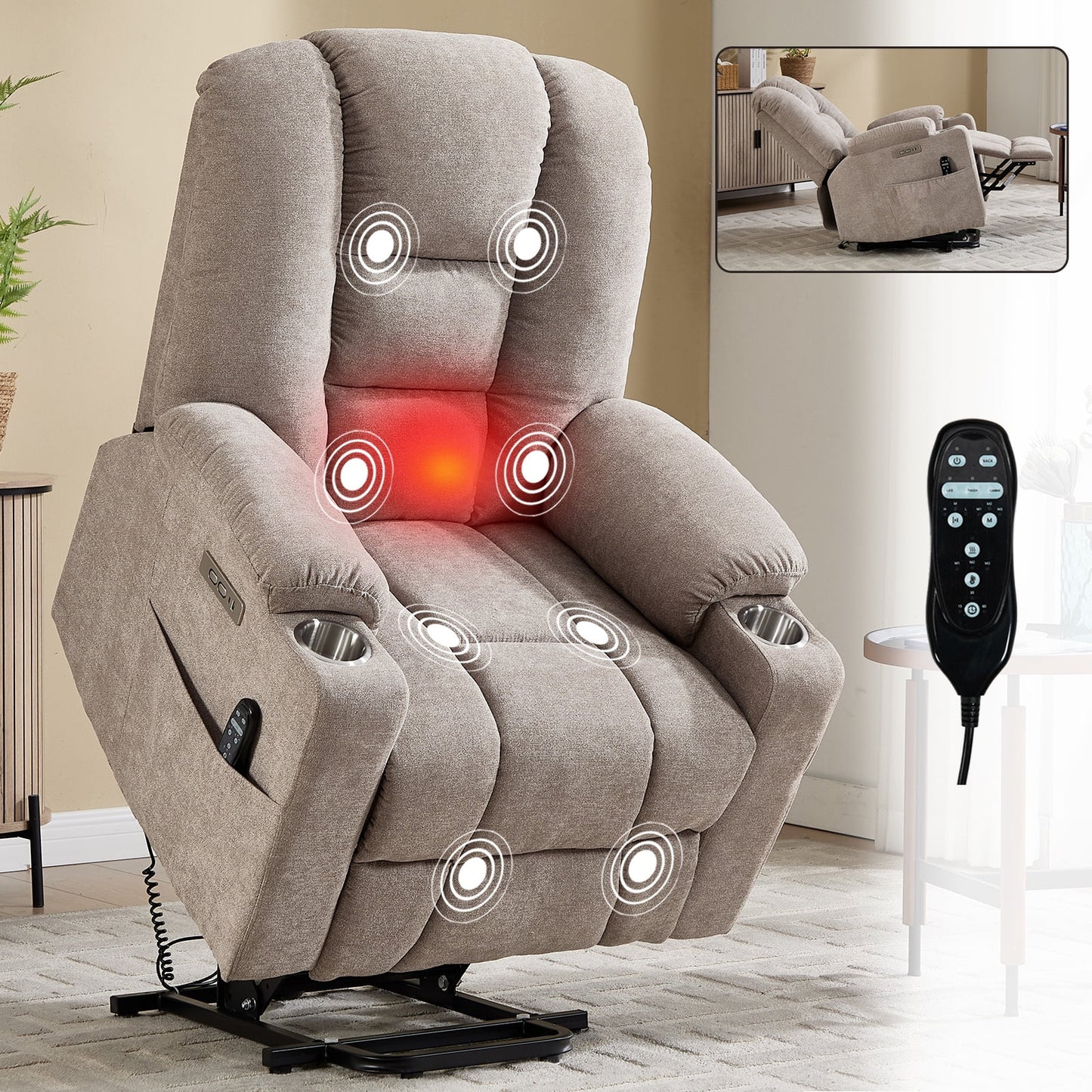 Power Lift Recliner Chair with Massage and Heat for Elderly, Segmart Overstuffed Wide Recliners, Heavy Duty Motion Mechanism with USB and Type C Ports, 2 Steel Cup Holders, Beige