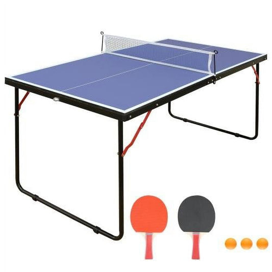 Mid-Size Portable Table Tennis Table, Outdoor Ping Pong Table Foldable Game Set, Folding Game Table with Net, 2 Table Tennis Paddles and 3 Balls, 54"