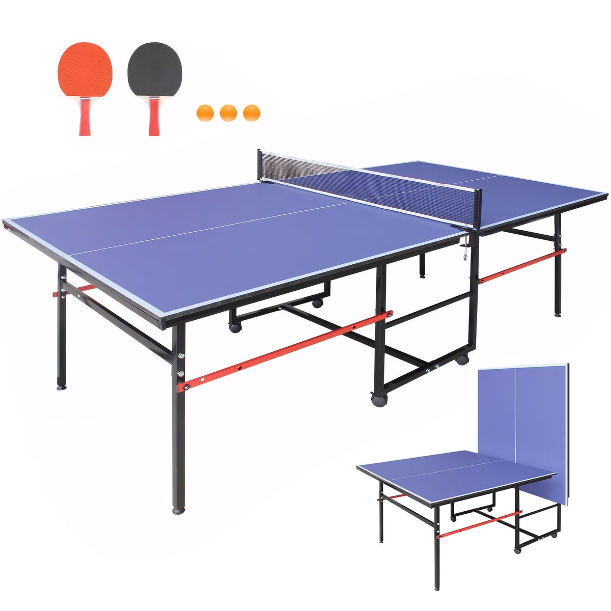 Mid-Size Table Tennis Table, SEGMART 8FT Foldable Outdoor Ping Pong Table with Net, 2 Table Tennis Paddles and 3 Balls, Portable Table Tennis Game Set for Indoor Outdoor, Black