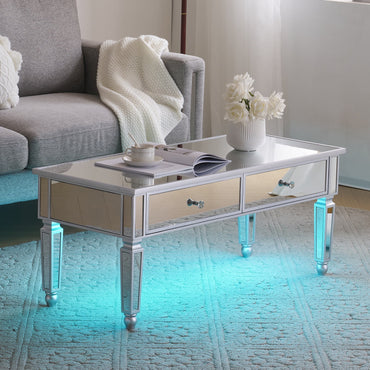 Mirrored Coffee Table with LED Lights and 3 Drawers, Elegant Silver Living Room Table, Rectangle Modern Cocktail Table, Tea Table, Mirrored Furniture for Living Room Office, Silver