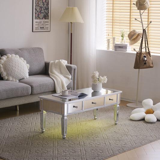 Mirrored Coffee Table with LED Lights and 3 Drawers, Elegant Silver Living Room Table, Rectangle Modern Cocktail Table, Tea Table, Mirrored Furniture for Living Room Office, Silver