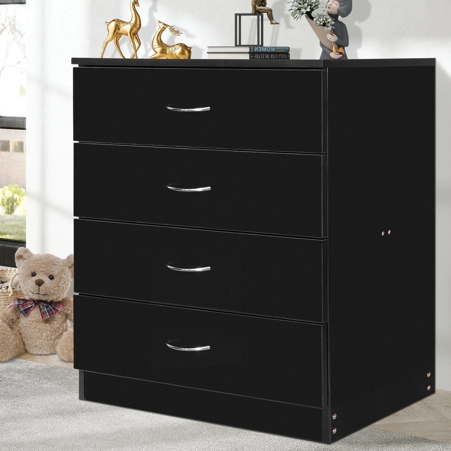 Modern 4-Drawer Dresser in Black - Space-Saving Storage Cabinet for Bedroom, Living Room & Office