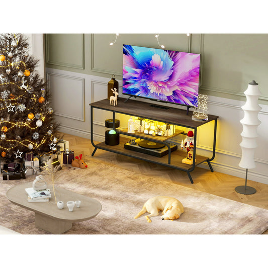 Modern 55 Inch TV Stand with Power Outlets & LED Lights, Minimalist TV Console Table with Storage Shelf for Living Room/Bedroom, Light Grey