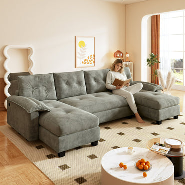Modern 104.7" U-Shaped Sleeper Sofa, 3-in-1 Convertible Sectional with Pull Out Bed & USB Ports, Beige Chenille