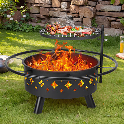 Segmart 2-in-1 Outdoor Fire Pit, 31" Round Metal Fire Pit, Stove Wood Burning Fire Pit with 17.7 Inch Adjustable Height Cooking Grill Grate & Poker, Ideal for Backyard Patio Beach Picnic Bonfire