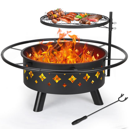 2-in-1 Outdoor Fire Pit, 31" Round Metal Fire Pit, Stove Wood Burning Fire Pit with 17.7 Inch Adjustable Height Cooking Grill Grate & Poker, Ideal for Backyard Patio Beach Picnic Bonfire