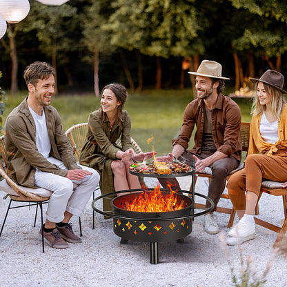 SEGMART 2-in-1 Fire Pit, 31'' Outdoor Fireplace, Round Metal Fire Pit Stove with 17.7 Inch Adjustable Height Cooking Grill Grate & Poker for Backyard Garden Camping Picnic Bonfire