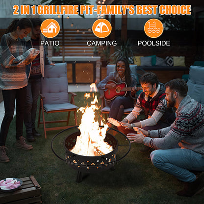 2-in-1 Outdoor Fire Pit, 31" Round Metal Fire Pit, Stove Wood Burning Fire Pit with 17.7 Inch Adjustable Height Cooking Grill Grate & Poker, Ideal for Backyard Patio Beach Picnic Bonfire