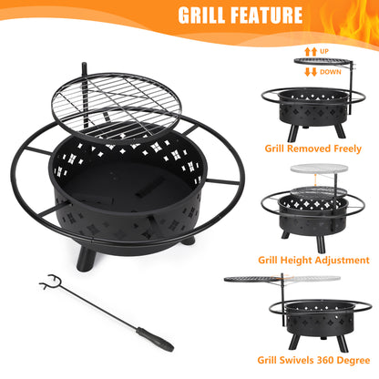 Segmart 2-in-1 Outdoor Fire Pit, 31" Round Metal Fire Pit, Stove Wood Burning Fire Pit with 17.7 Inch Adjustable Height Cooking Grill Grate & Poker, Ideal for Backyard Patio Beach Picnic Bonfire