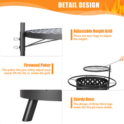 Segmart 2-in-1 Outdoor Fire Pit, 31" Round Metal Fire Pit, Stove Wood Burning Fire Pit with 17.7 Inch Adjustable Height Cooking Grill Grate & Poker, Ideal for Backyard Patio Beach Picnic Bonfire