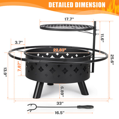 2-in-1 Outdoor Fire Pit, 31" Round Metal Fire Pit, Stove Wood Burning Fire Pit with 17.7 Inch Adjustable Height Cooking Grill Grate & Poker, Ideal for Backyard Patio Beach Picnic Bonfire
