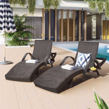 80" Outdoor Wicker Chaise Lounge Chairs Set of 2, Patio Rattan Reclining Chair with Pull-Out Side Table, 4-Position Adjustable Backrest, 470lbs Capacity, Weather-Resistant for Pool, Beach, Backyard