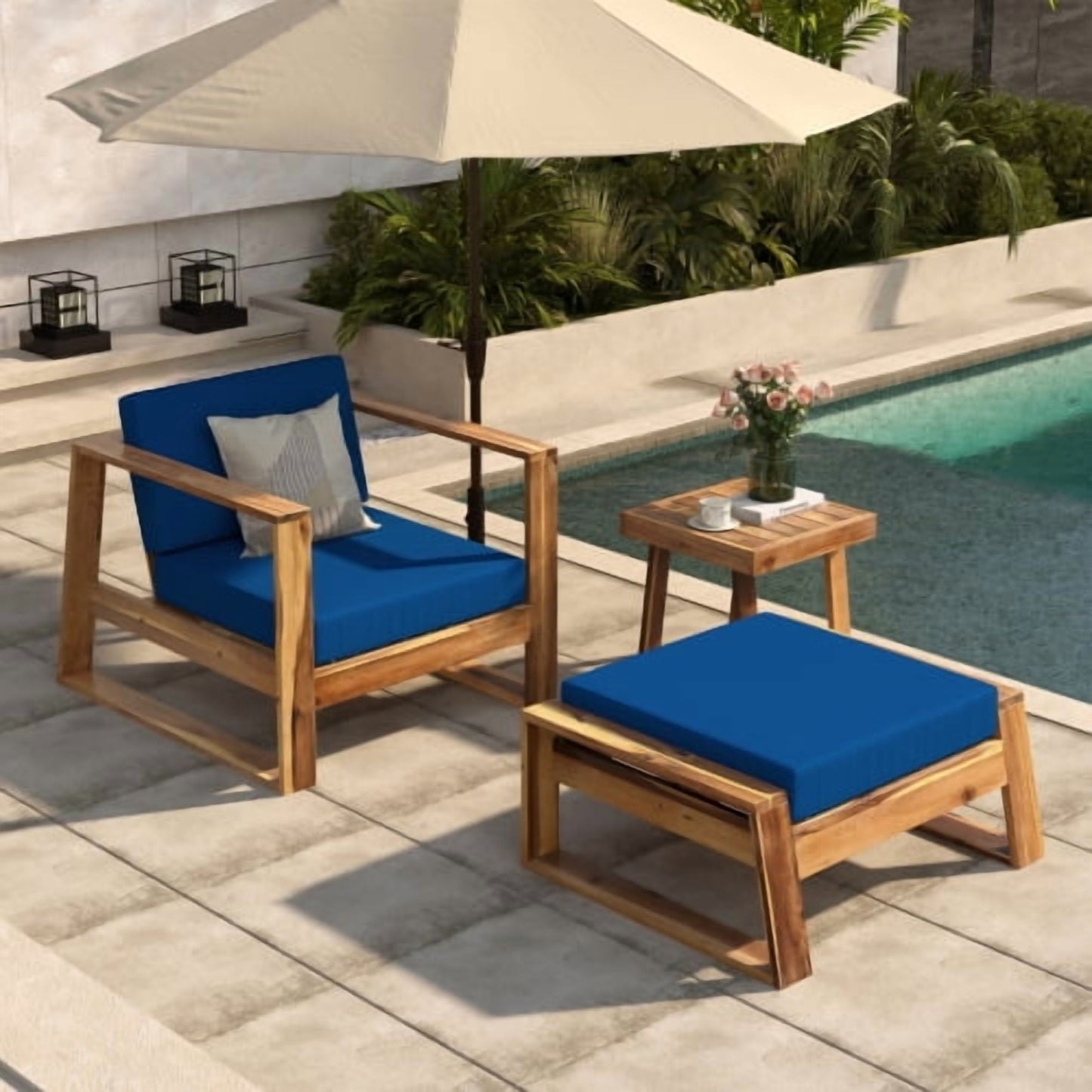 3 Pack Outdoor Lounge Chair, Acacia Wood Chaise Lounge set-Chair & Ottoman, Sunbathing Recliner, Beach Chair, Tanning Chair for Patios, Balconies, and Gardens