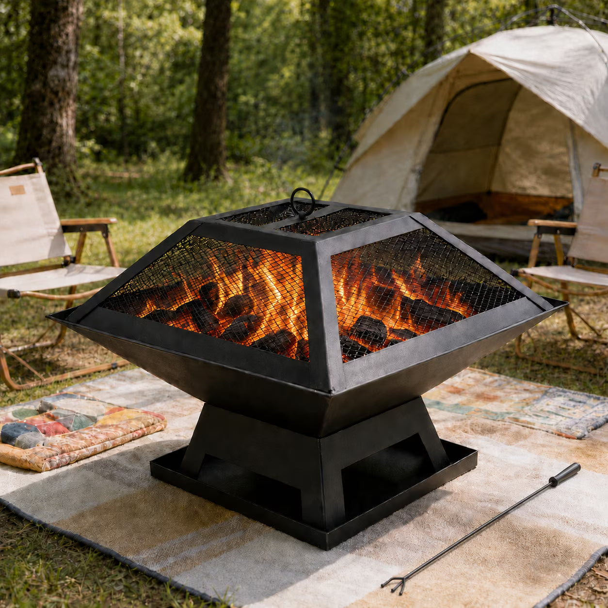 Outdoor Fire Pit, 19" Firepit, Segmart Wood Burning Fire Pit, Fire Pits for Outside, Fire Pit Table with Lid, Grill, Poker, Square Metal Firepit Table For Outside Patio, Black