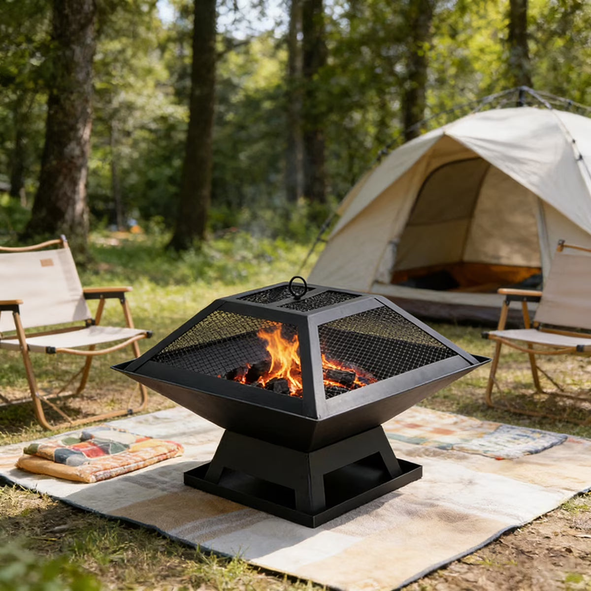 Outdoor Fire Pit, 19" Firepit, Segmart Wood Burning Fire Pit, Fire Pits for Outside, Fire Pit Table with Lid, Grill, Poker, Square Metal Firepit Table For Outside Patio, Black