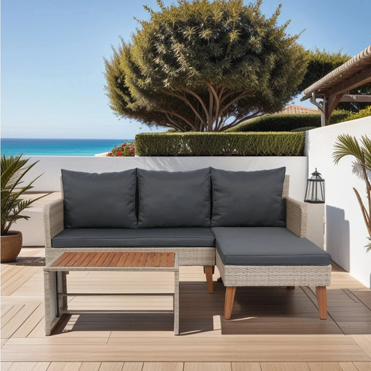Outdoor Patio Furniture Set, Segmart 3 Piece Patio Sectional Sofa, Woven Sectional L-Shaped Patio Sofa Set with Thick Cushions and Side Coffee Table - Gray