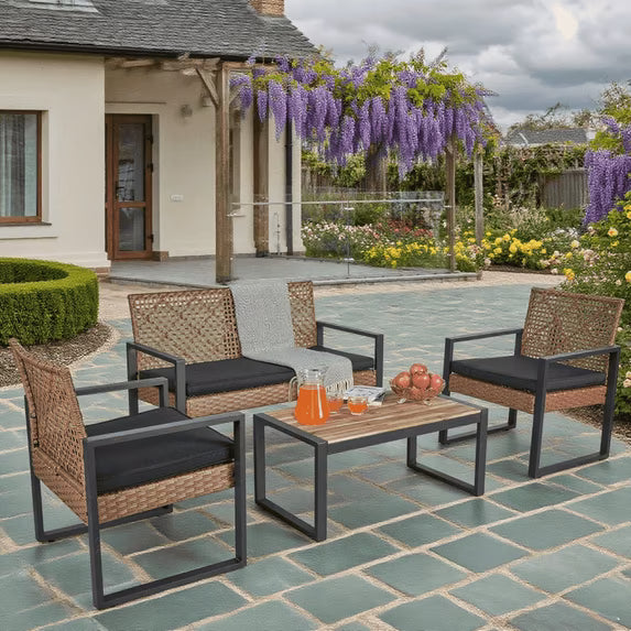 Segmart 4-piece outdoor terrace table and chair set, with acacia wood table and PE rattan chair,Light Brown