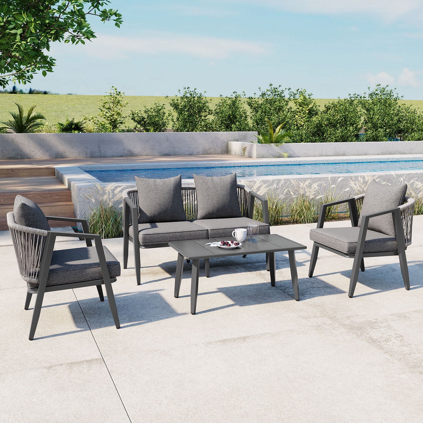 Outdoor Patio Furniture Sets, SEGMART 4 Pieces Outdoor Wicker Desk Patio Bistro Furniture Set with Seat Cushions & Tempered Glass Coffee, Conversation Set for Porch Poolside Backyard, Gray