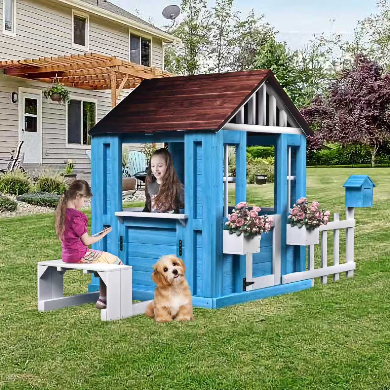 Outdoor Playhouse, SEGMART Kids Playhouse with Picnic Bench, Kids Wooden Playhouse with Flowerpot Holders, Toddler Playhouse with Door, Windows, Mailbox for Kids Outdoor, Play House for Kids Ages 3+