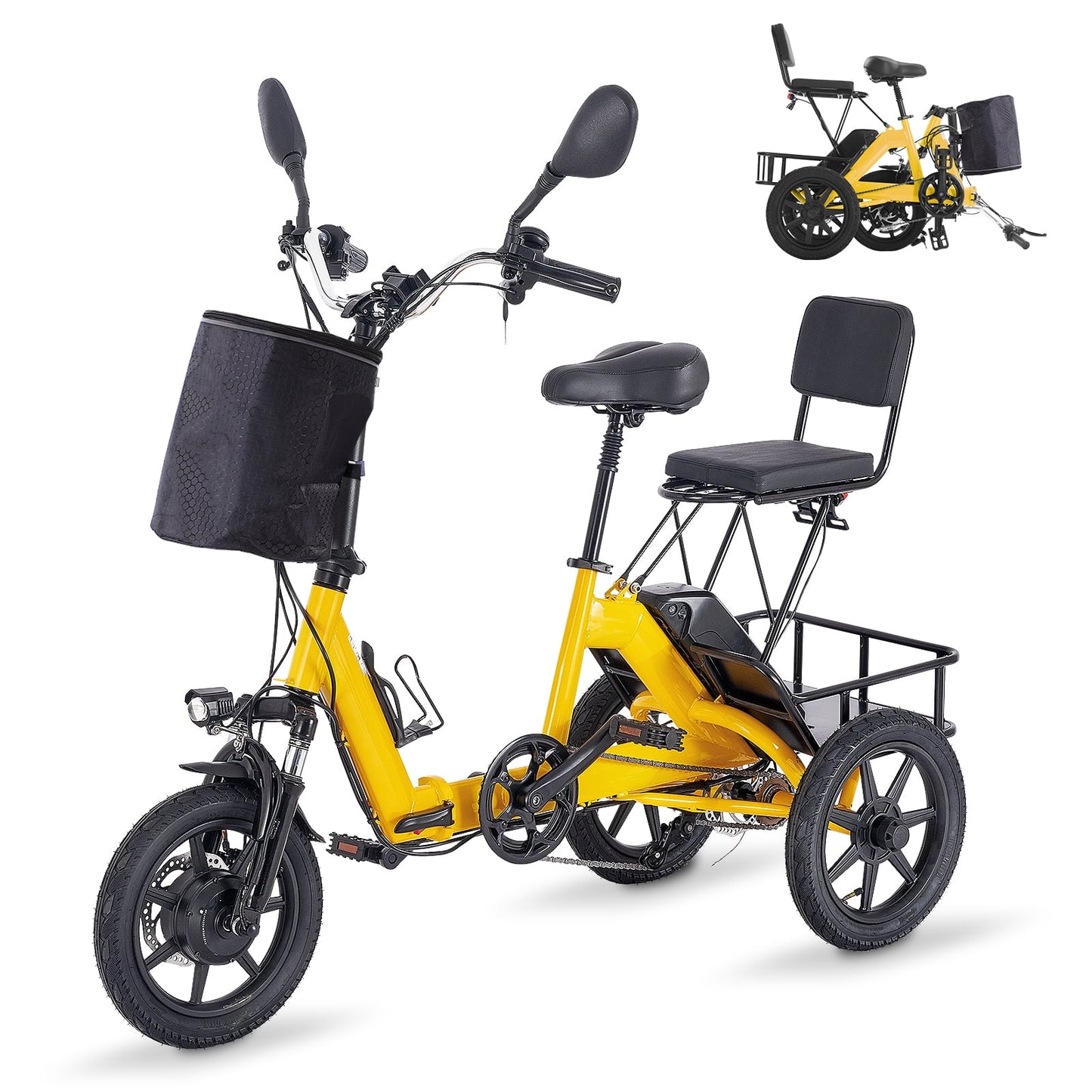 Foldable Electric Tricycle for Adults, 350W Motor, 35-Mile Range, 480Wh Removable Battery, 2 Seats, Large Basket, Dual Disc Brakes - Ideal for Seniors & Women,Yellow