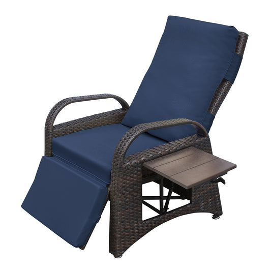 Outdoor Wicker Recliner Chair with Side Table, SEGMART Upgraded Adjustable Backrest Patio Recliner Lounge Chair, All-Weather Wicker Reclining Patio Chair with Removable Cushion, Navy Blue