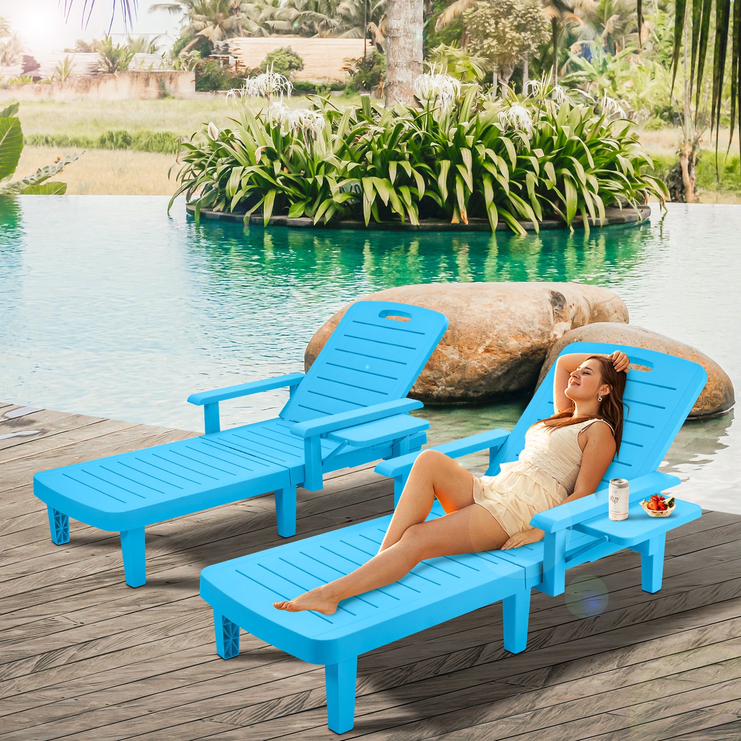 Segmart Patio Chaise Lounge Outdoor Chair Furniture Sets of 2, Pool Reclining Chaise Chairs Set with Wide Armrest, Side Table, 5-Level Angles Adjust Backrest Outdoor Lounge, 440LBS, Blue, SS2122