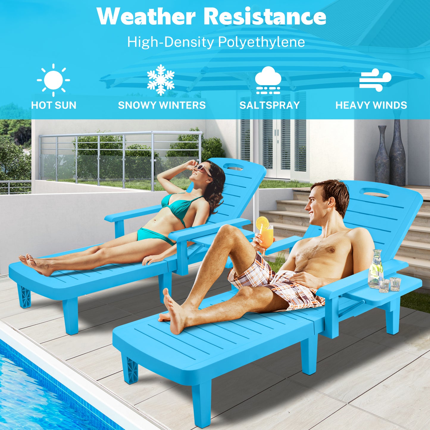 Segmart Patio Chaise Lounge Outdoor Chair Furniture Sets of 2, Pool Reclining Chaise Chairs Set with Wide Armrest, Side Table, 5-Level Angles Adjust Backrest Outdoor Lounge, 440LBS, Blue, SS2122