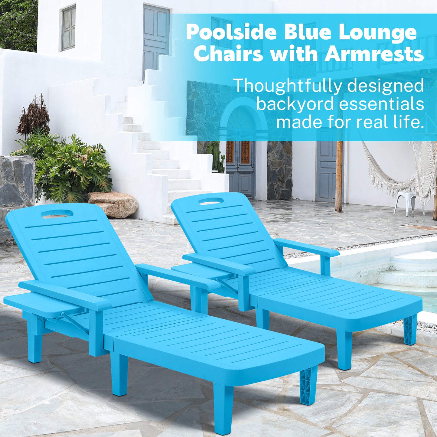 Segmart Patio Chaise Lounge Outdoor Chair Furniture Sets of 2, Pool Reclining Chaise Chairs Set with Wide Armrest, Side Table, 5-Level Angles Adjust Backrest Outdoor Lounge, 440LBS, Blue, SS2122