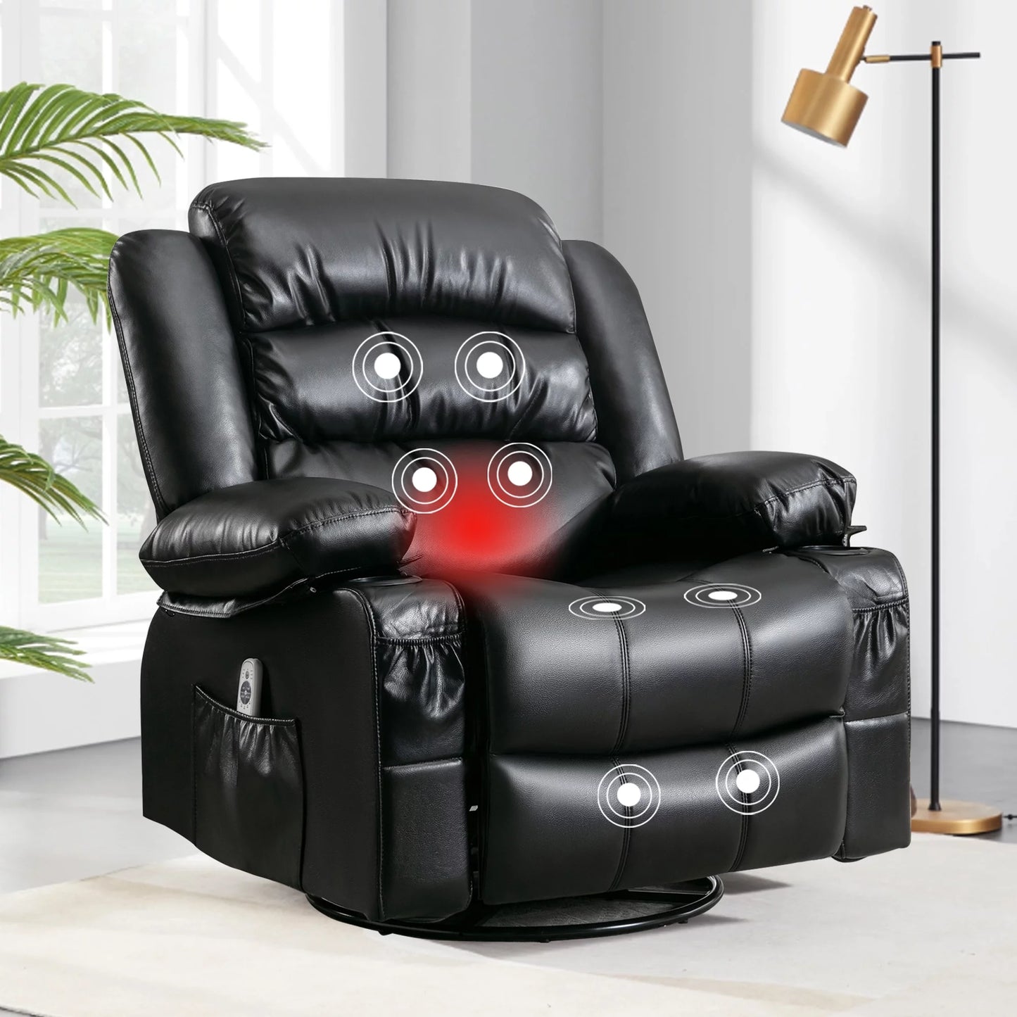 PU Leather Electric Massage Swivel Recliner Chair with Remote Control, Larg Recliner Chair for adult, Heavy Duty Electric Massage Rocking Chair Recliners Sofa Lounge Chair for Living Room, Black