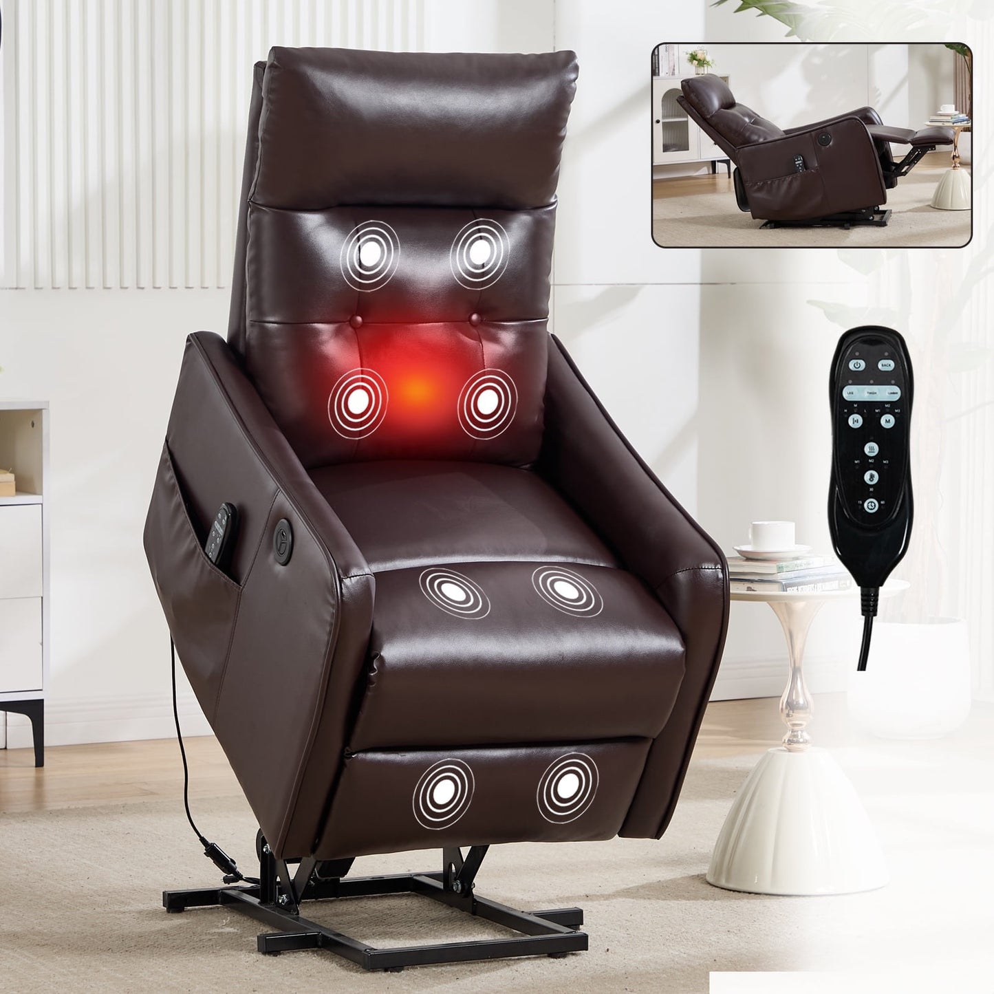 Power Lift Recliner Chair with Massage & Heat for Seniors, Heavy Duty Faux Leather, USB Charging Port, 155° Max Recline, Easy Assembly, Perfect for Living Room Comfort