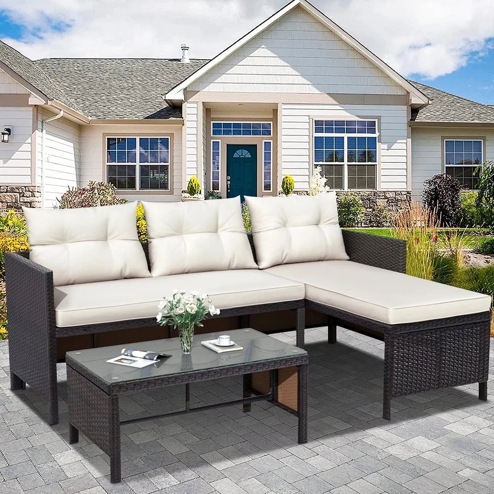 Patio Conversation Set, 3 Piece Outdoor Patio Furniture Sets with Lounge Chaise Chair, Loveseat Sofa, Coffee Table, All-Weather Patio Sectional Sofa Set with Cushions for Backyard, Garden, Pool, L4817