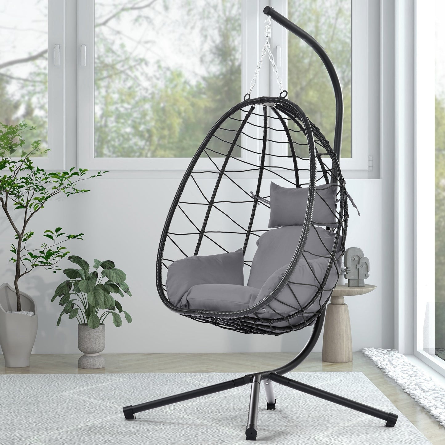 Egg Chair with Stand Indoor Outdoor – Hanging Wicker Swing Chair, Patio Hanging Basket Chair with Cushion, All-Weather Rattan Hammock Chair for Bedroom Living Room Balcony