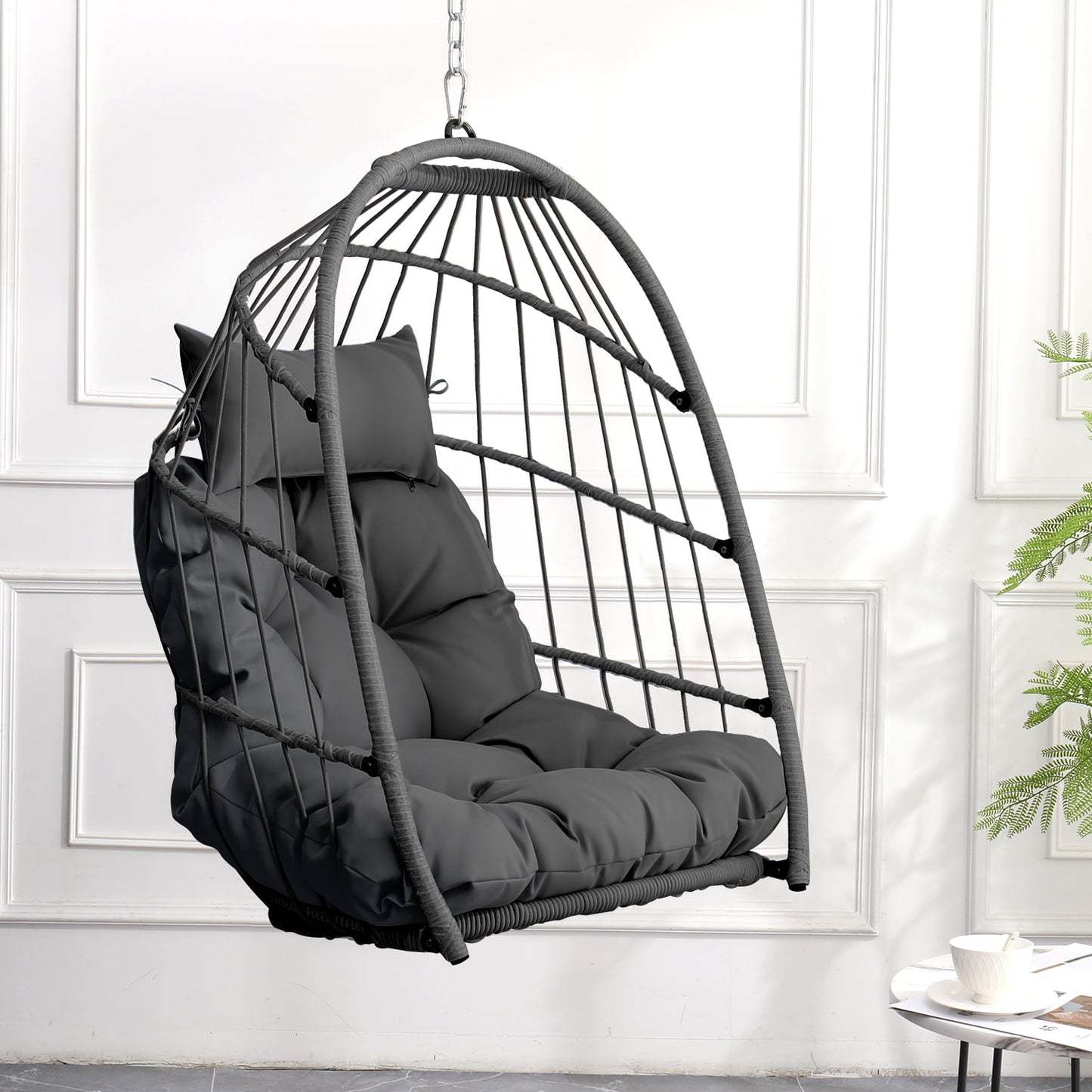 Patio Hammock Hanging Chair, Outdoor Wicker Swing Egg Chair with Stand and Cushion, 250LBS Capacity All-Weather UV Patio Rattan Lounge Chair for Patio, Deck, Yard, Garden, Beige, SS1880
