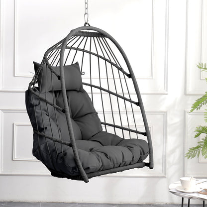 Patio Hammock Hanging Chair, Outdoor Wicker Swing Egg Chair with Stand and Cushion, 250LBS Capacity All-Weather UV Patio Rattan Lounge Chair for Patio, Deck, Yard, Garden, Beige, SS1880