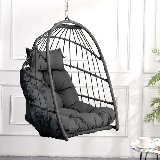 Patio Hammock Hanging Chair, Outdoor Wicker Swing Egg Chair with Stand and Cushion, 250LBS Capacity All-Weather UV Patio Rattan Lounge Chair for Patio, Deck, Yard, Garden, Beige, SS1880