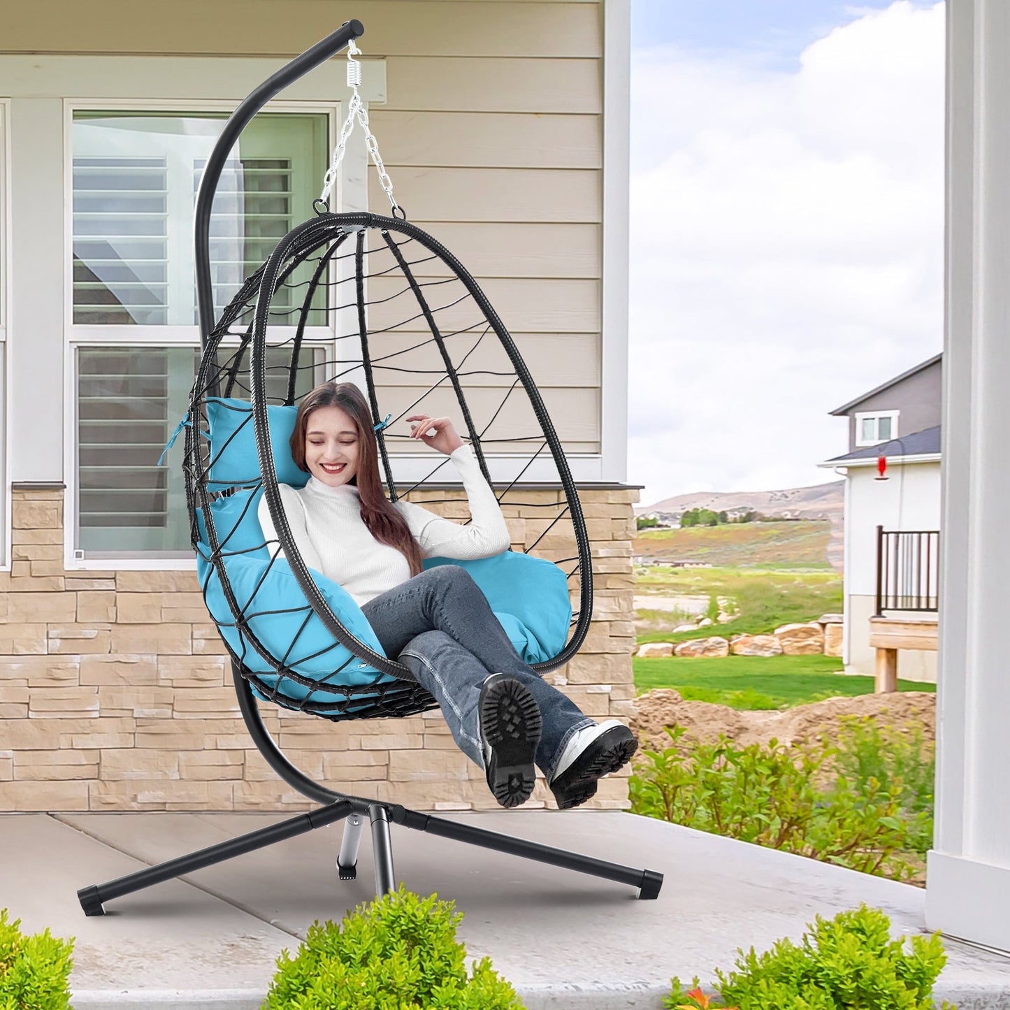 Egg Chair with Stand Indoor Outdoor – Hanging Wicker Swing Chair, Patio Hanging Basket Chair with Cushion, All-Weather Rattan Hammock Chair for Bedroom Living Room Balcony