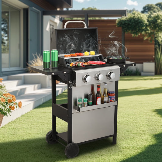 3-Burner Propane Gas BBQ Grill, 25650BTU Stainless Steel Outdoor Barbecue with Foldable Side Tables, Enamel Cooking Grids & Auto Ignition – Perfect for Garden, Patio, and Camping