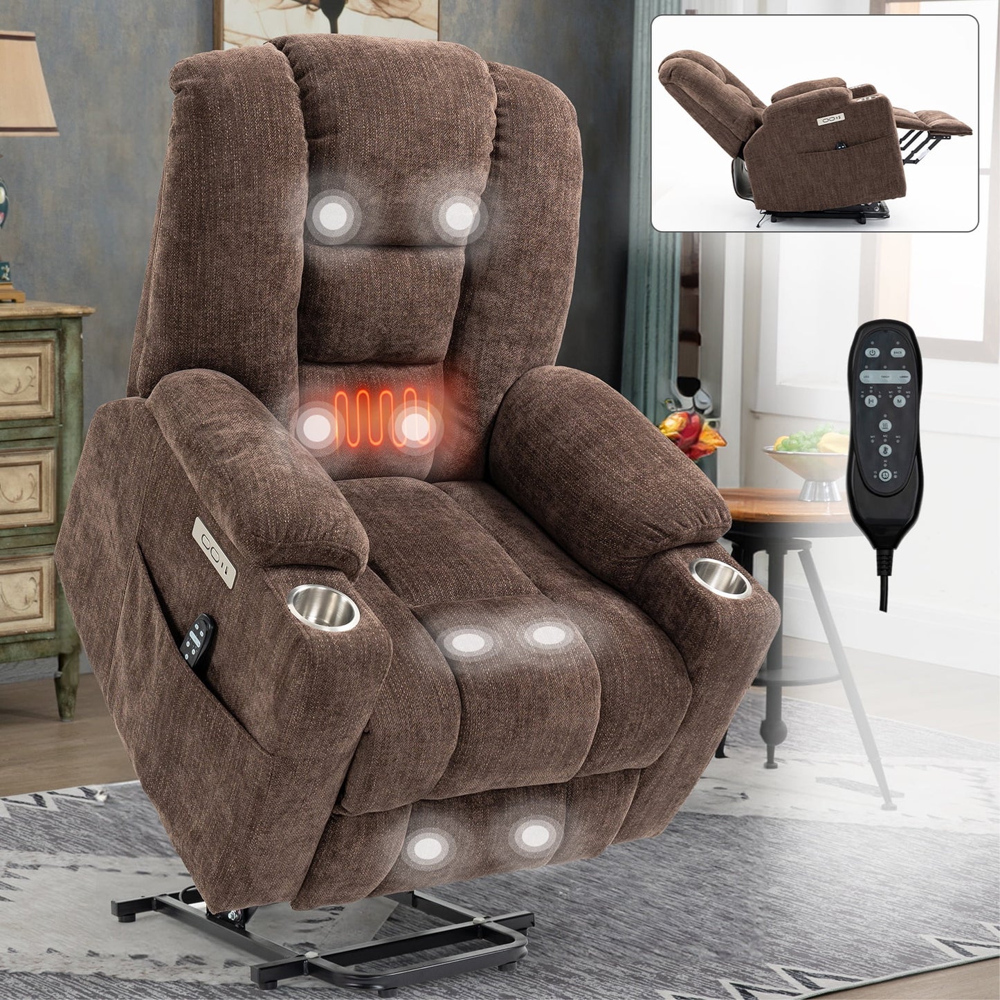 Power Lift Recliner Chair with Massage and Heat for Elderly, Segmart Overstuffed Wide Recliners, Heavy Duty Motion Mechanism with USB and Type C Ports, 2 Steel Cup Holders, Beige