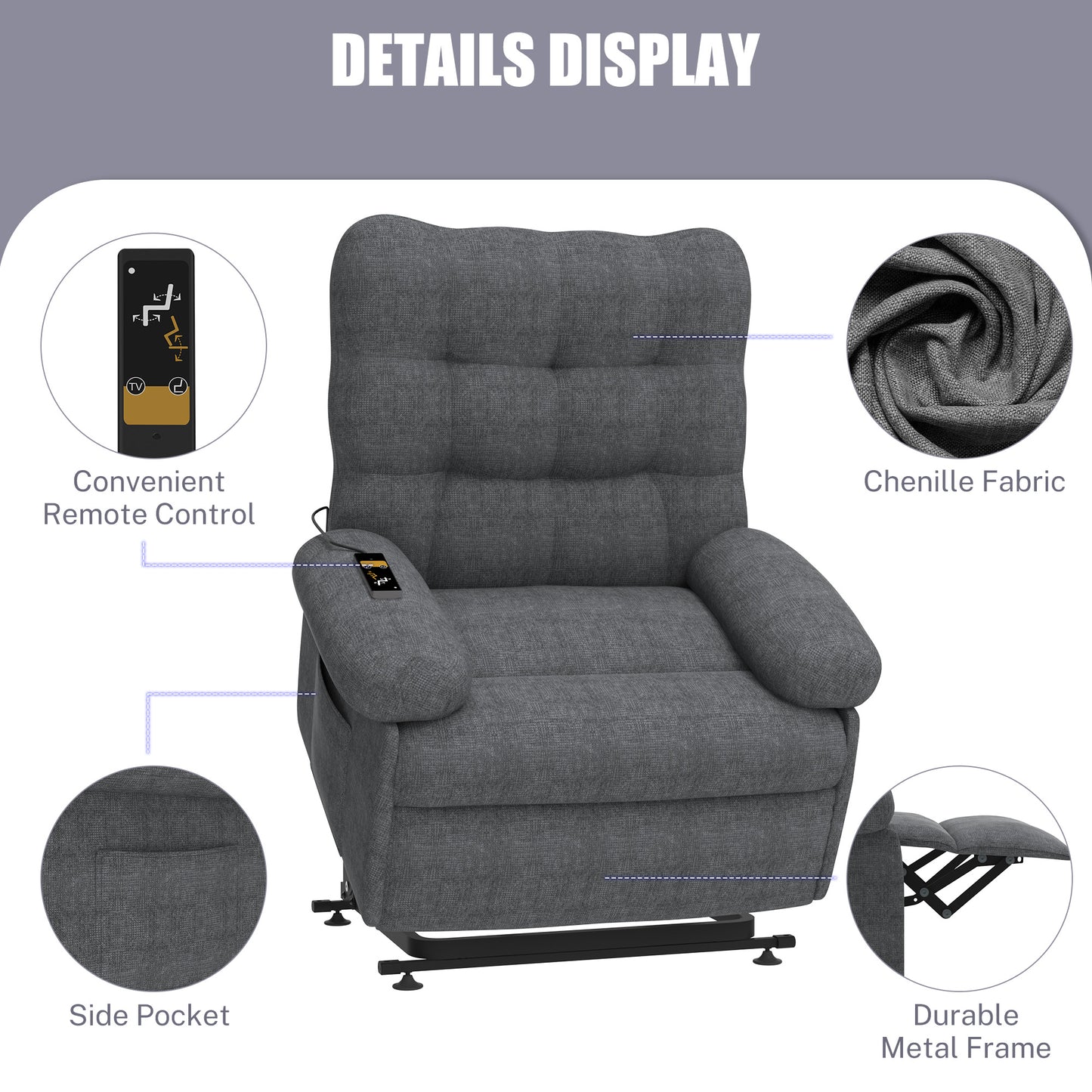 Segmart Power Lift Recliner Chair for Elderly, Heavy Duty 440lbs Antiskid Classic Fabric Linen Sofa Chair, 3 Motors Ergonomic Lounge Single Sofa with Overstuffed Arms and Remote Control, Grey