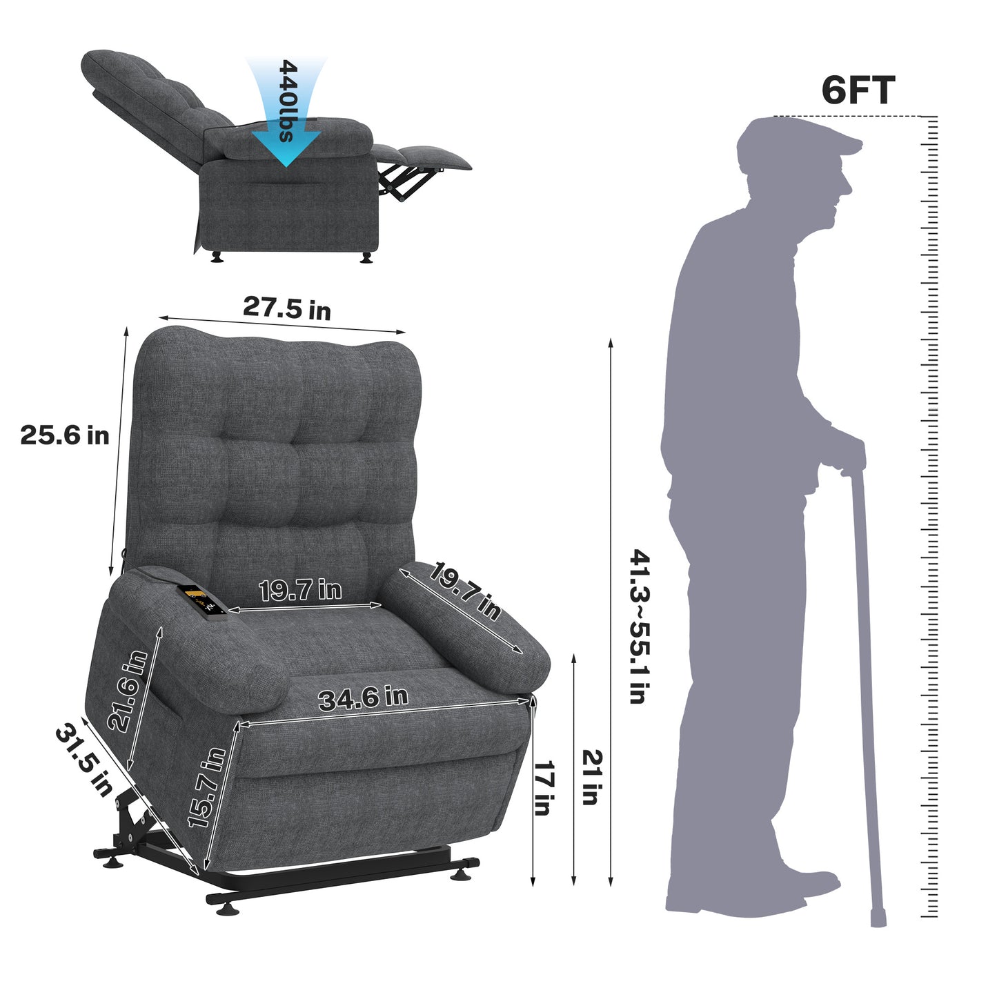 Segmart Power Lift Recliner Chair for Elderly, Heavy Duty 440lbs Antiskid Classic Fabric Linen Sofa Chair, 3 Motors Ergonomic Lounge Single Sofa with Overstuffed Arms and Remote Control, Grey