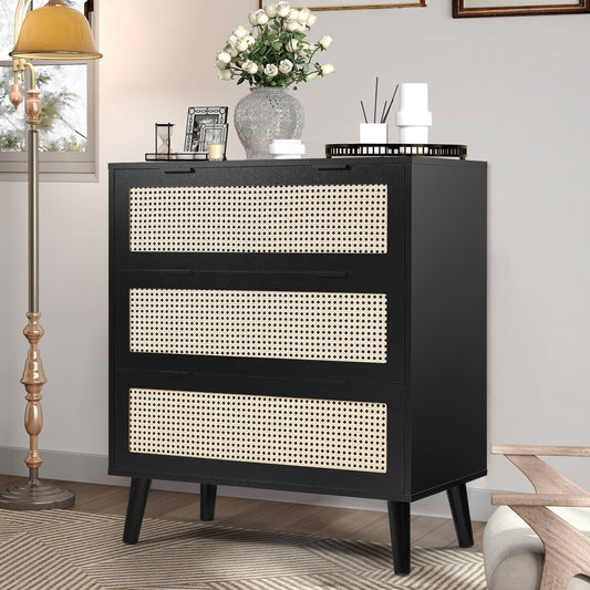 Segmart 3 Drawers Dresser for Bedroom, Modern Rattan Storage Chest of Drawers with Drawers and Metal Handles, Farmhouse Wood Black Dresser Storage Cabinet with Solid Wood Leg, Black