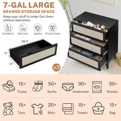 Segmart 3 Drawers Dresser for Bedroom, Modern Rattan Storage Chest of Drawers with Drawers and Metal Handles, Farmhouse Wood Black Dresser Storage Cabinet with Solid Wood Leg, Black
