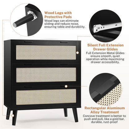 Segmart 3 Drawers Dresser for Bedroom, Modern Rattan Storage Chest of Drawers with Drawers and Metal Handles, Farmhouse Wood Black Dresser Storage Cabinet with Solid Wood Leg, Black