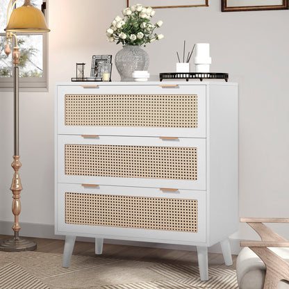 Segmart 3 Drawers Dresser for Bedroom, Modern Rattan Storage Chest of Drawers with Drawers and Metal Handles, Farmhouse Wood White Dresser Storage Cabinet with Solid Wood Leg, White