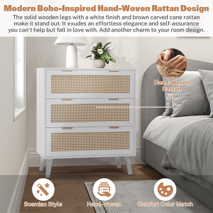 Segmart 3 Drawers Dresser for Bedroom, Modern Rattan Storage Chest of Drawers with Drawers and Metal Handles, Farmhouse Wood White Dresser Storage Cabinet with Solid Wood Leg, White